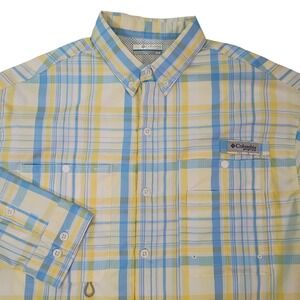 Columbia PFG Fishing Shirt Mens Medium Yellow Blue Plaid Long Sleeve Vented